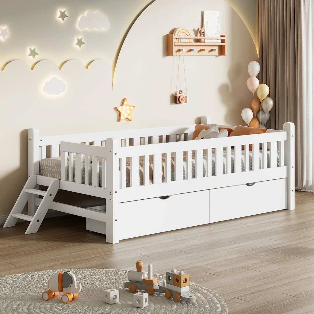 Nouveauté 2026 – Lit plateforme Euroco en bois, taille simple, avec 2 tiroirs et échelle, pour enfants et tout-petits, blanc