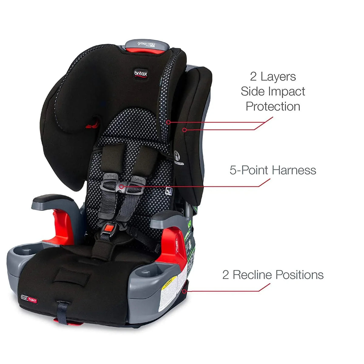 Nouveauté 2026 – Siège auto Britax Grow With You ClickTight Harness-2-Rehausseur 2 en 1 avec dossier haut. Gris Cool Flow