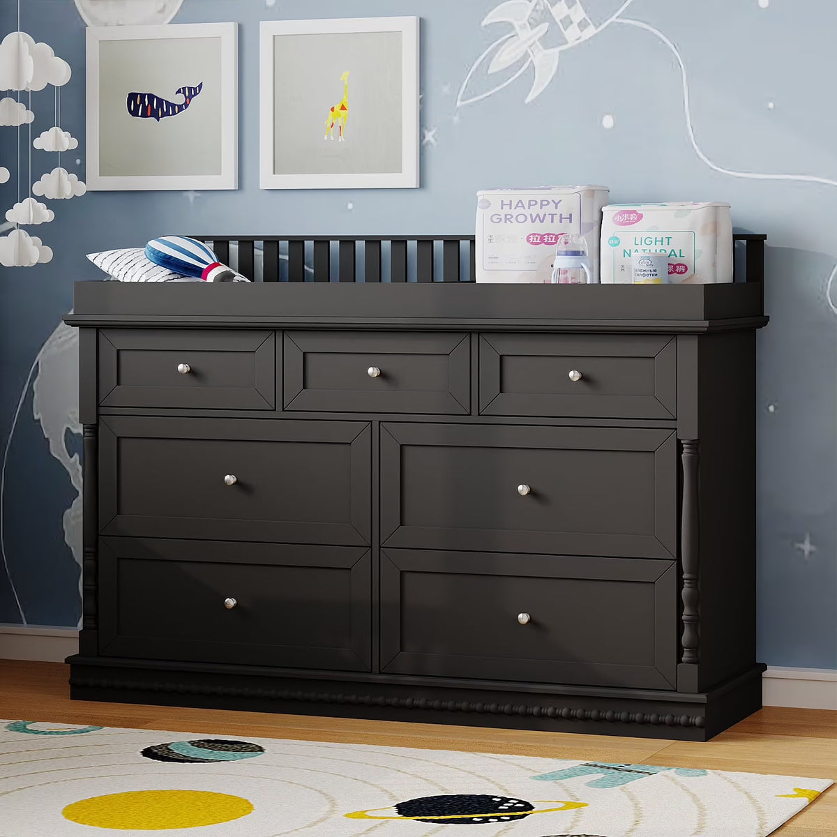 Nouveauté 2026 – Table à langer/commode pour chambre de bébé OXYLIFE , 114 cm (45 po), avec 4 tiroirs et une étagère, blanche