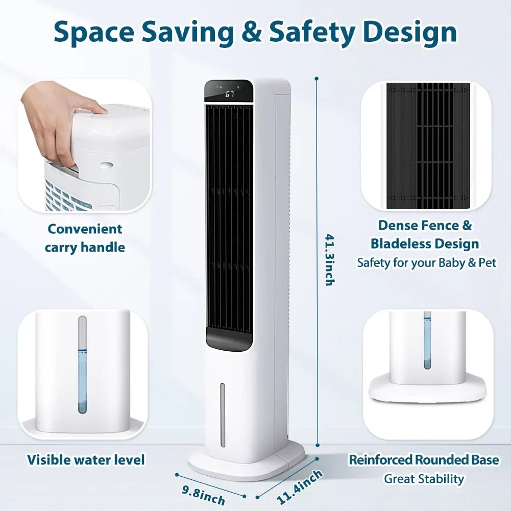Nouveauté 2026 – Refroidisseur d'air évaporatif 3 en 1 LifePlus portable, ventilateur tour oscillant, 41,5 pouces, blanc