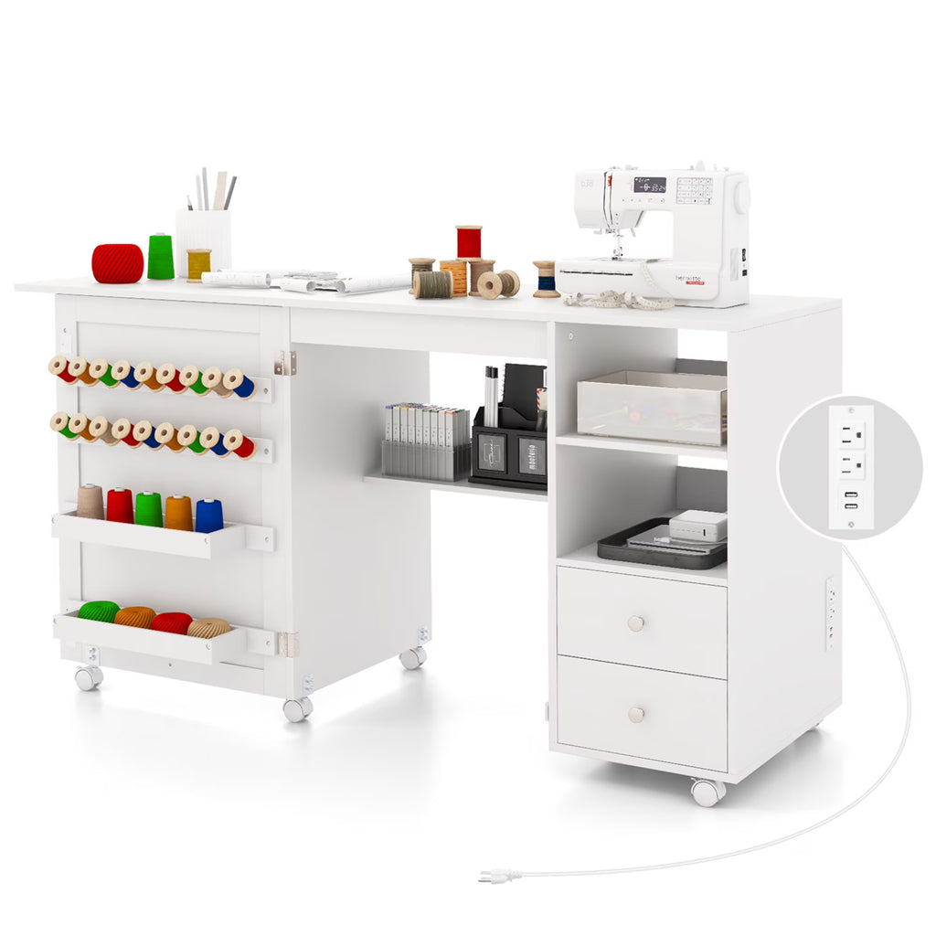 Nouveauté 2026 – Table de couture pliante Costway avec station de charge et chariot multifonctionnel pour machine à coudre