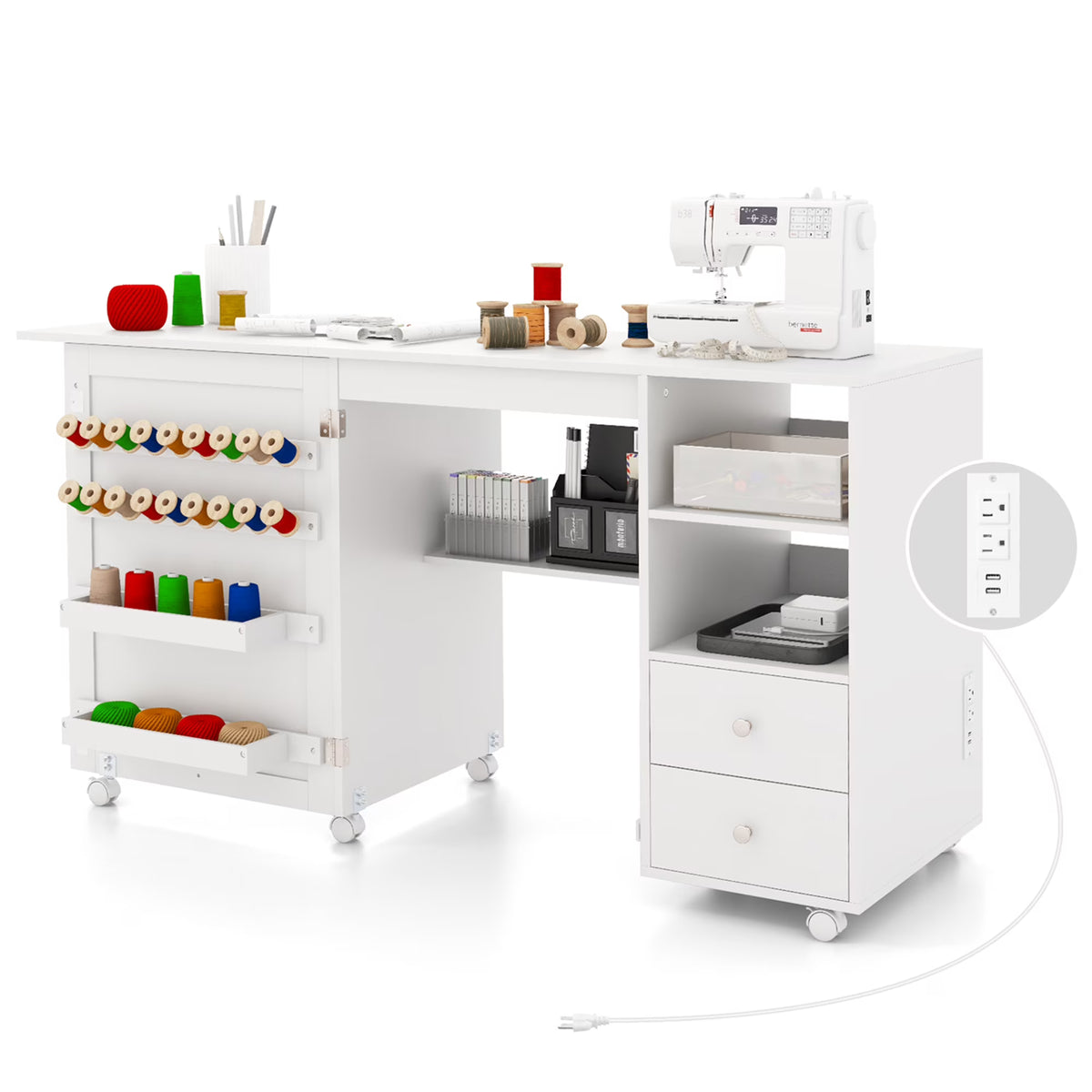 Nouveauté 2026 – Table de couture pliante Costway avec station de charge et chariot multifonctionnel pour machine à coudre