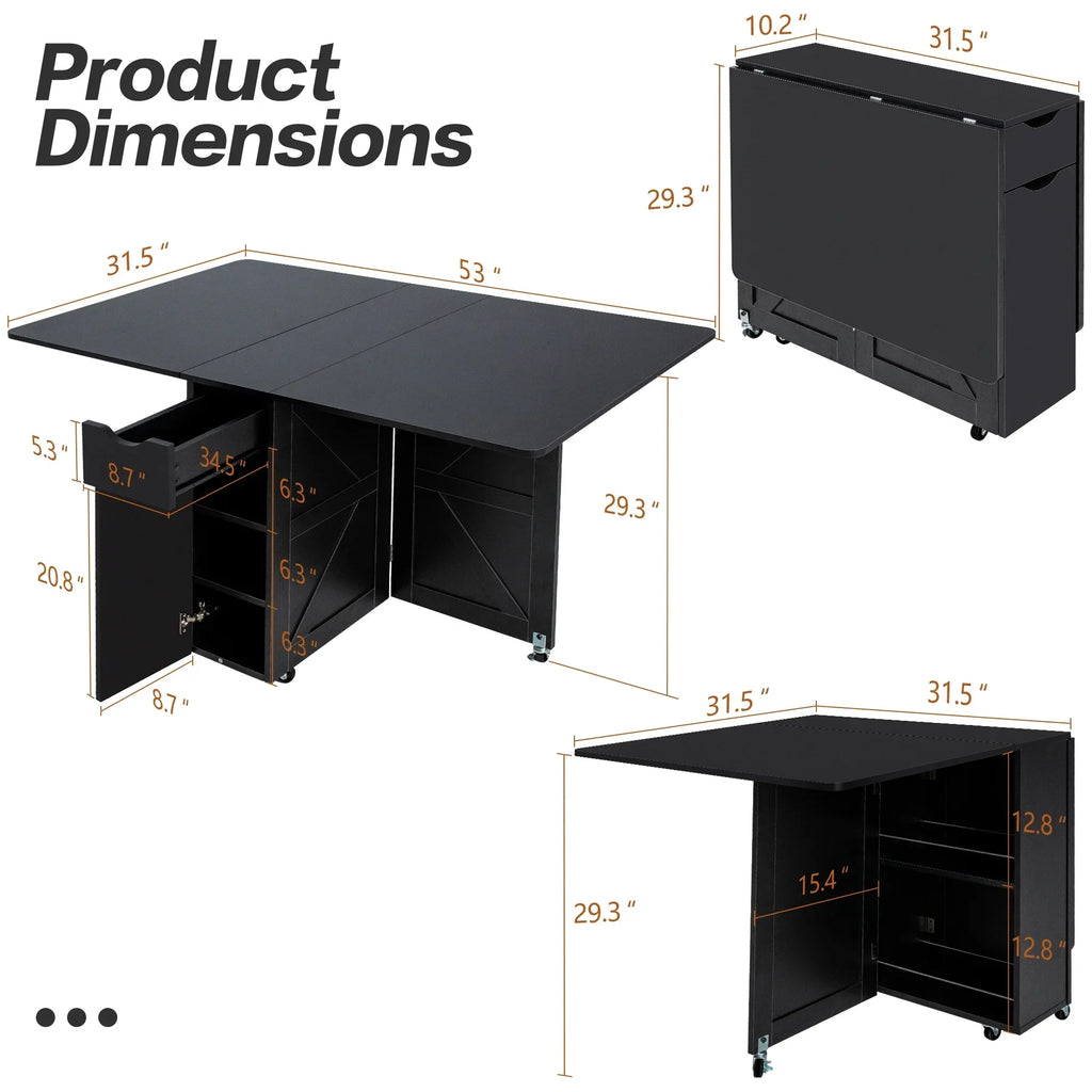 Nouveauté 2026 – Table de salle à manger pliante spanspace , table à abattants avec 6 roulettes et étagère de rangement à 2 niveaux, table gain de place pour petits espaces, table de cuisine pliante, blanche