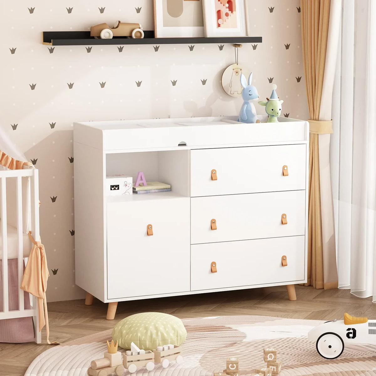 Nouveauté 2026 – Table à langer/commode pour chambre de bébé OXYLIFE , 114 cm (45 po), avec 4 tiroirs et une étagère, blanche