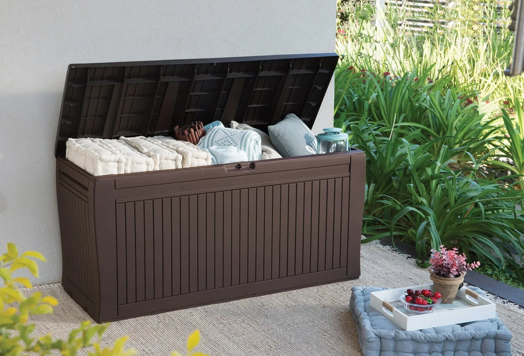 Nouveauté 2026 – Coffre de rangement extérieur Keter Comfy , 71 gallons, en résine, marron expresso