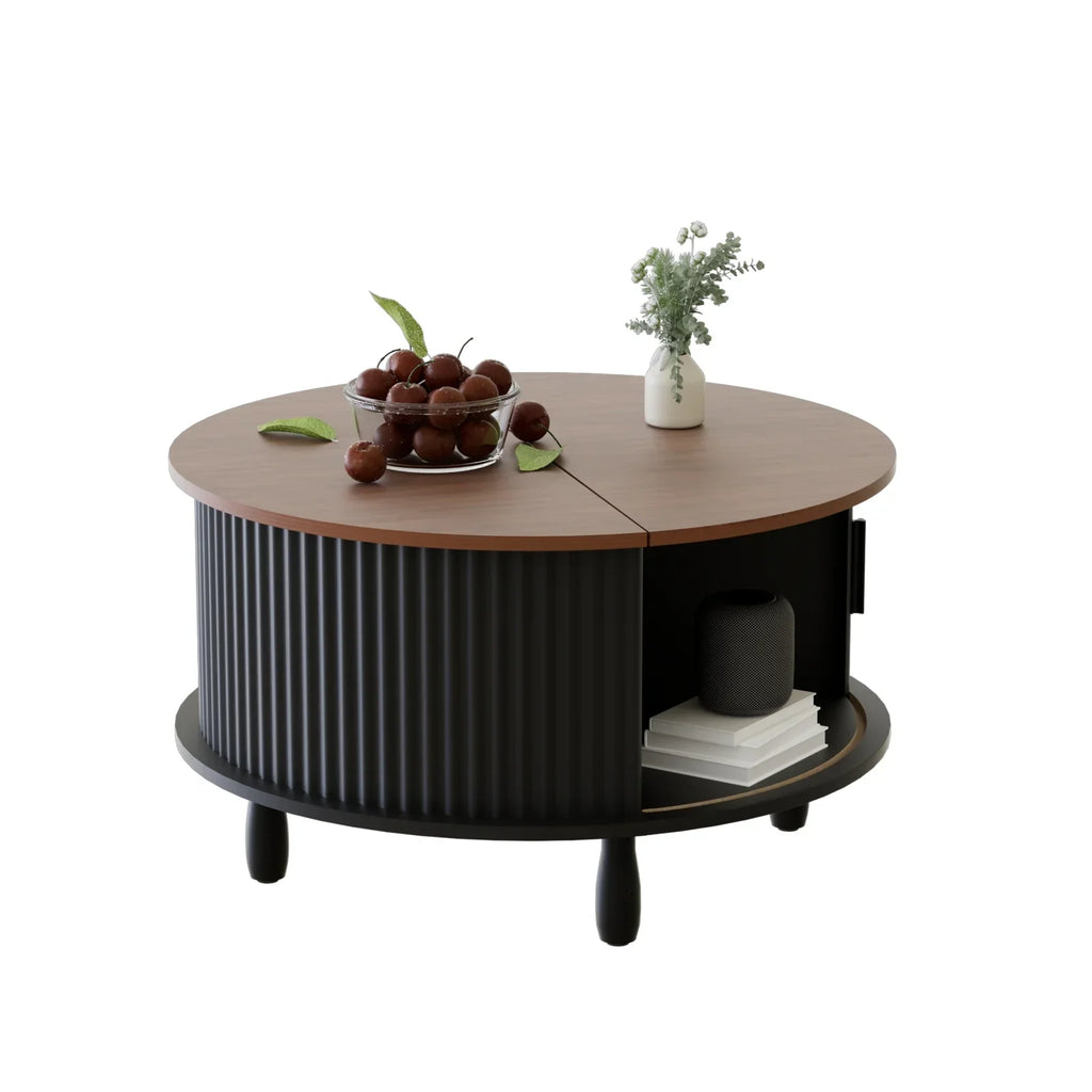 Nouveauté 2026 – Table basse ronde RUMLIVE avec rangement, table basse moderne de 78 cm avec porte coulissante incurvée à 360°, table basse en bois cannelé avec patins, table centrale ronde pour salon, noire