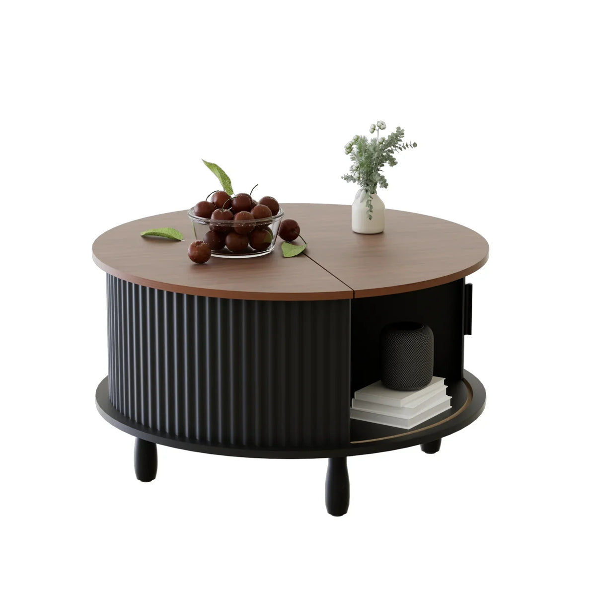 Nouveauté 2026 – Table basse ronde RUMLIVE avec rangement, table basse moderne de 78 cm avec porte coulissante incurvée à 360°, table basse en bois cannelé avec patins, table centrale ronde pour salon, noire