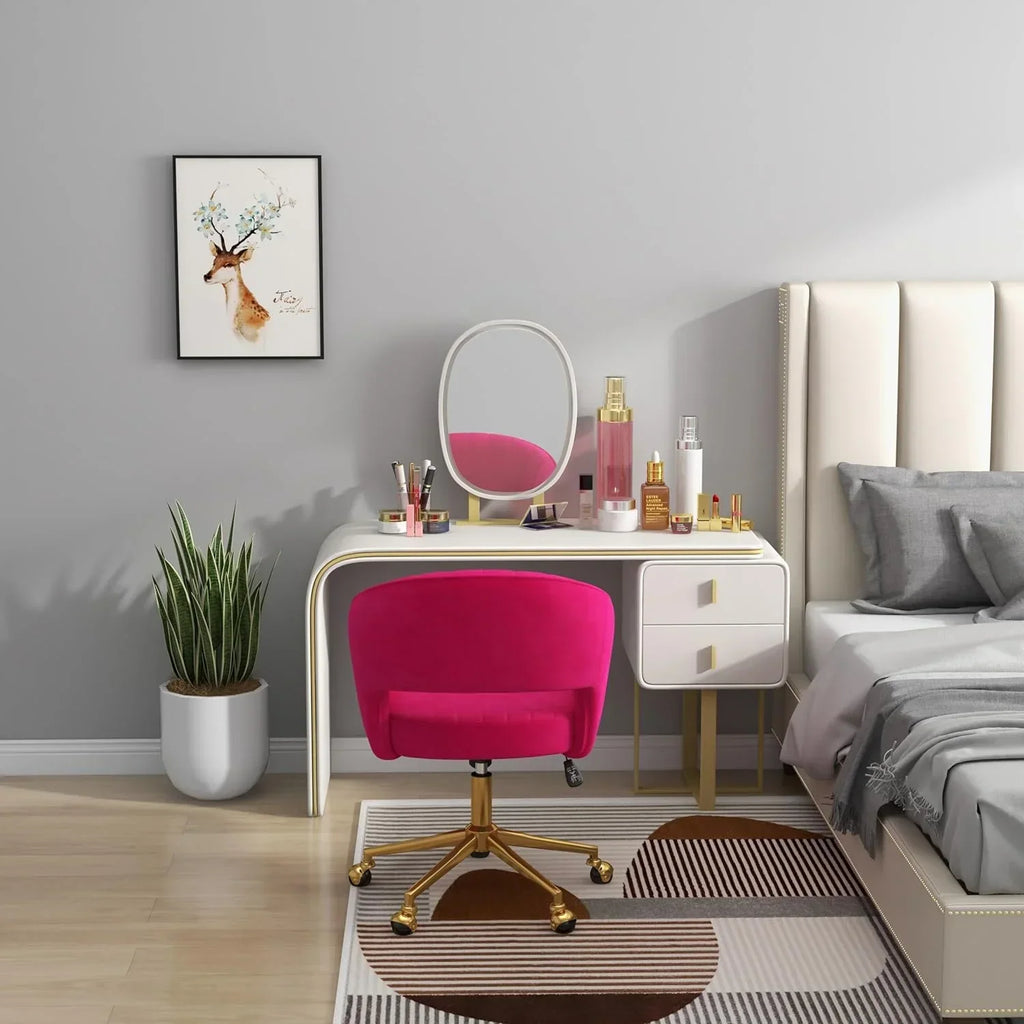 Nouveauté 2026 – Chaise de bureau Westice , chaise de travail en velours, chaise pivotante réglable en hauteur avec base dorée, idéale pour coiffeuse, bureau, salon ou salle informatique, beige