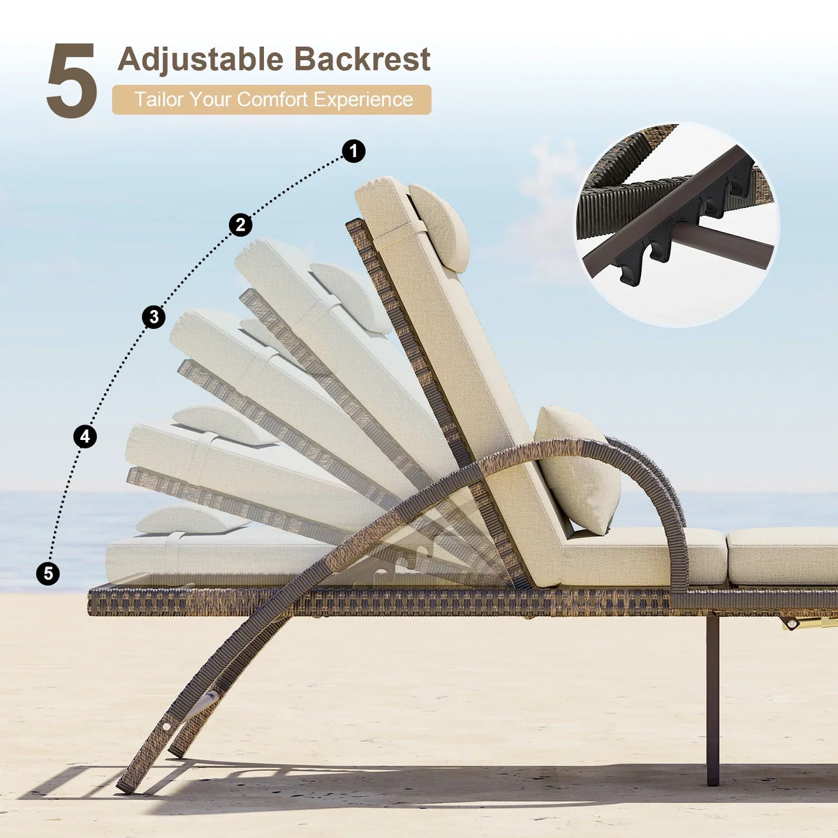 Nouveauté 2026 – MEISSALIVVE Ensemble de 4 chaises longues d'extérieur, chaises de piscine avec dossier réglable à 5 positions, chaise longue en rotin PE pour terrasse, porche et jardin (gris
