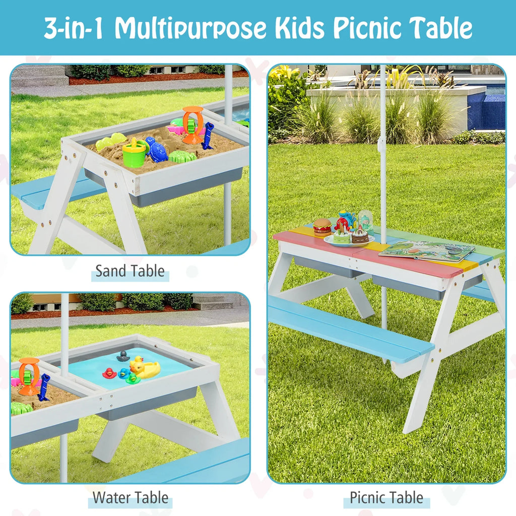 Nouveauté 2026 – Table de pique-nique 3 en 1 pour enfants Costway , en bois, avec bacs à sable et à eau, parasol et autres jeux, verte