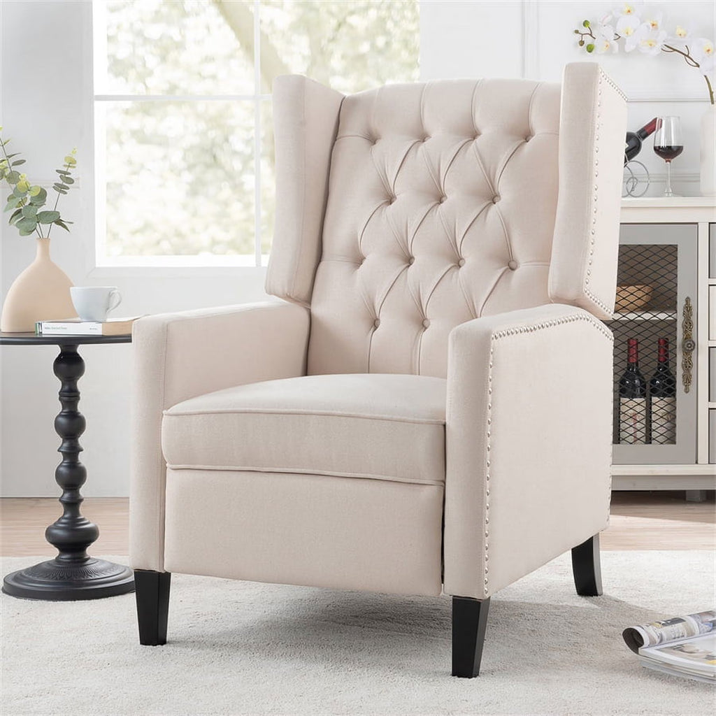 Nouveauté 2026 – Fauteuil d'appoint Triple Tree Modern en tissu, mousse et bois massif, imprimé, garniture cloutée, beige