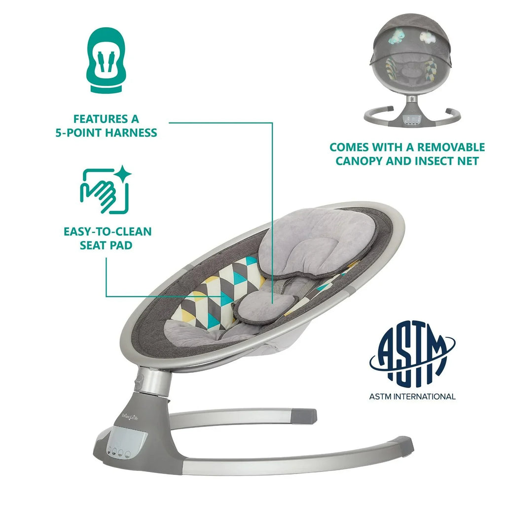 Nouveauté 2026 – Balancelle pour bébé Dream On Me Zazu . Balancelle pour nourrisson. 5 vitesses de balancement. Deux jouets intégrés. Connectivité Bluetooth et télécommande. Gris et bleu