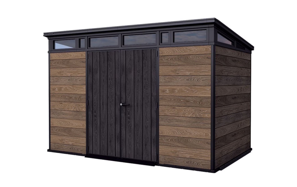 Nouveauté 2026 – Abri de jardin Keter Signature , 3,35 m x 2,13 m, en résine durable avec plancher renforcé et porte verrouillable, couleur noyer