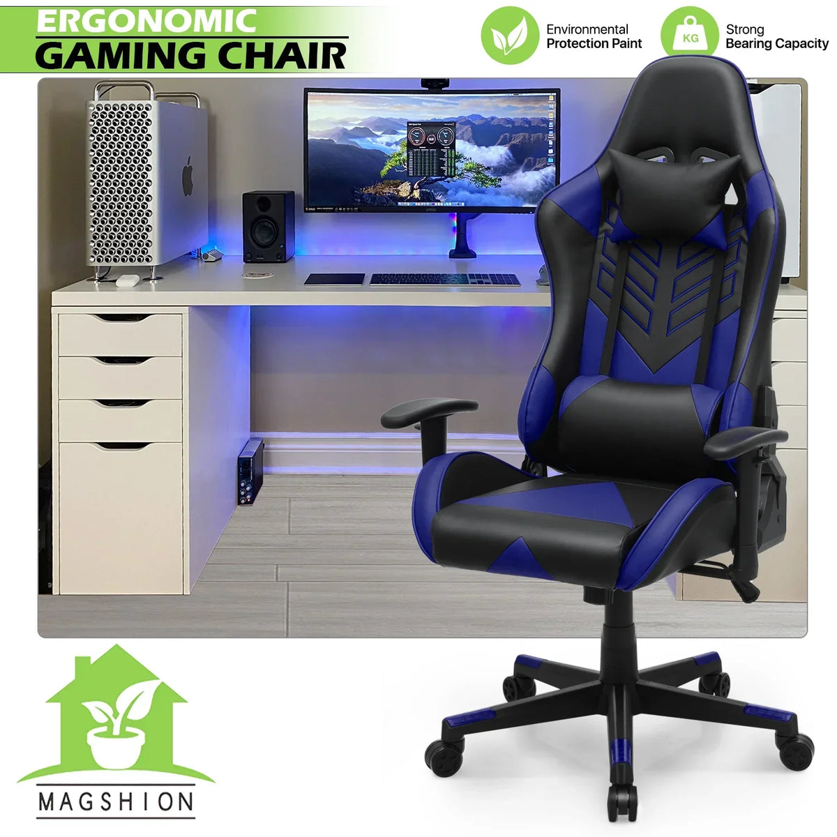 Nouveauté 2026 – Chaise de jeu ergonomique Magshion , chaise de jeu confortable, chaise de bureau en cuir, chaise de jeu pivotante et réglable, bleue