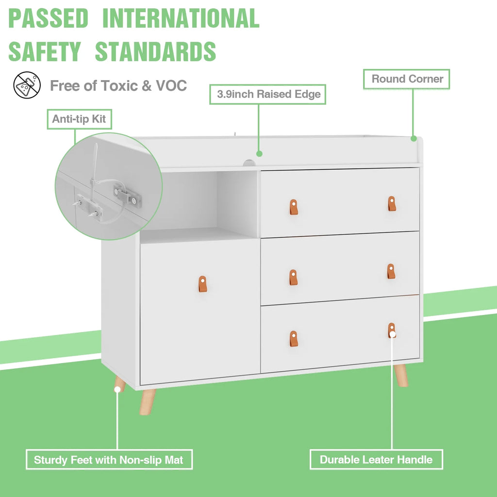 Nouveauté 2026 – Table à langer/commode pour chambre de bébé OXYLIFE , 114 cm (45 po), avec 4 tiroirs et une étagère, blanche