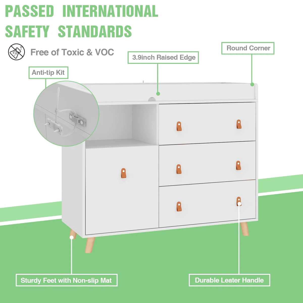 Nouveauté 2026 – Table à langer/commode pour chambre de bébé OXYLIFE , 114 cm (45 po), avec 4 tiroirs et une étagère, blanche