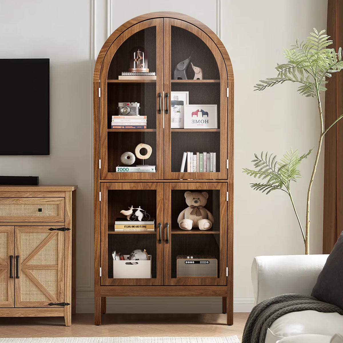 Nouveauté 2026 – Vitrine de rangement haute cintrée Fiogmub , armoire de garde-manger cintrée avec portes, portes en verre acrylique