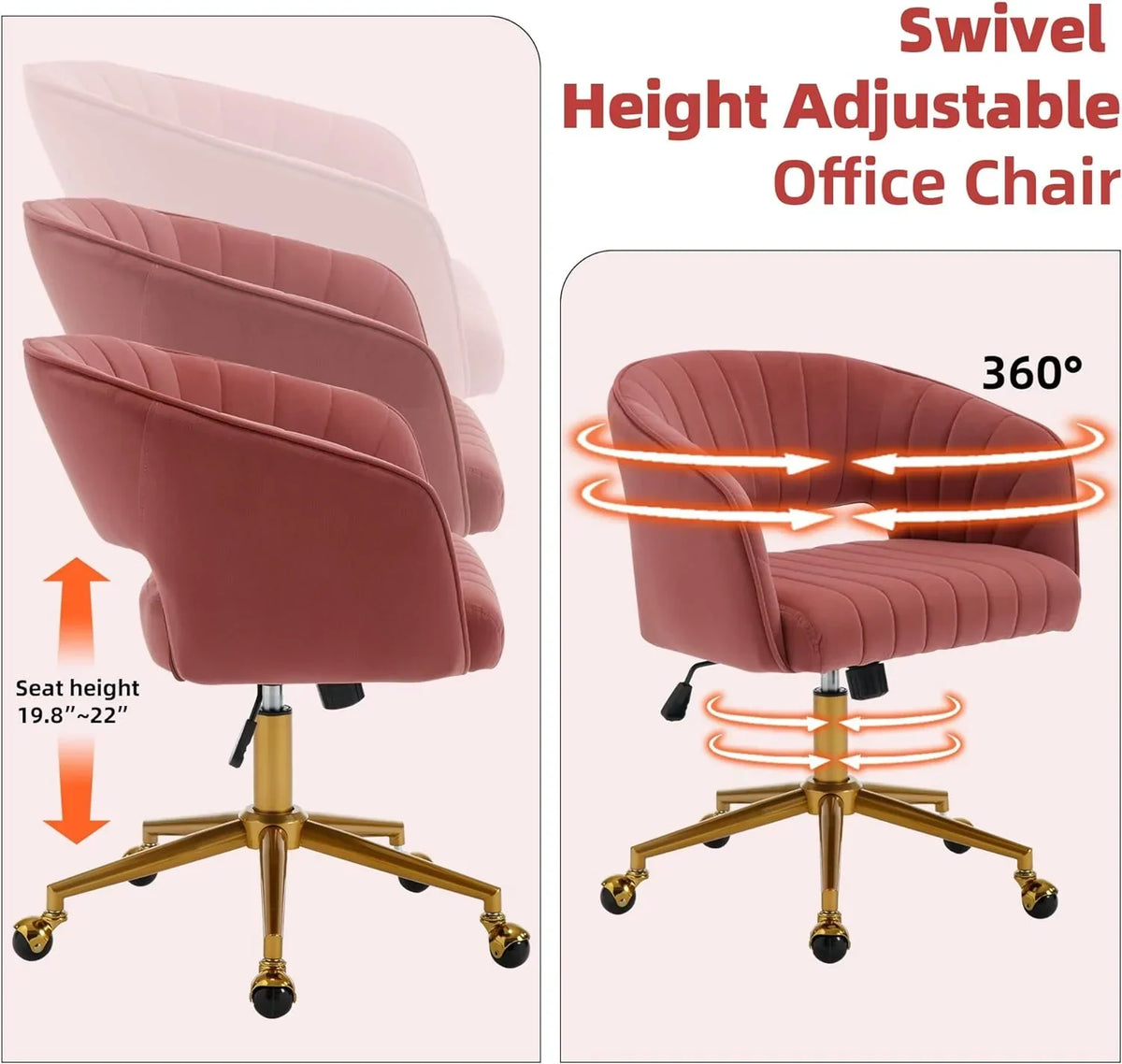 Nouveauté 2026 – Chaise de bureau Westice , chaise de travail en velours, chaise pivotante réglable en hauteur avec base dorée, idéale pour coiffeuse, bureau, salon ou salle informatique, beige
