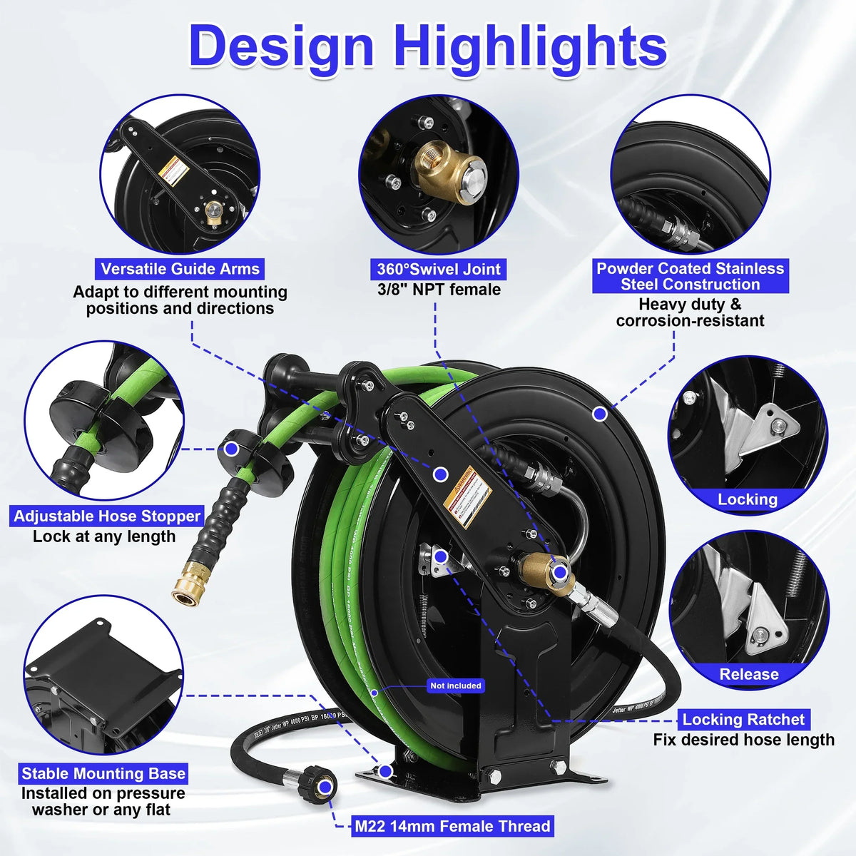 Nouveauté 2026 – Enrouleur de tuyau pour nettoyeur haute pression à rétraction automatique , 15 m x 9,5 mm, en acier robuste, double bras, 276 bar (4000 PSI