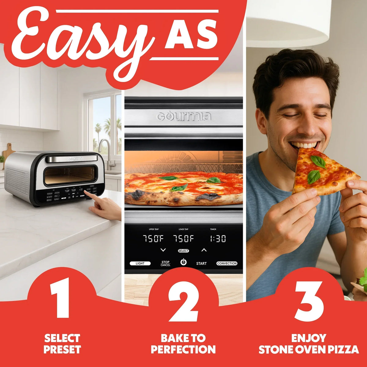 Nouveauté 2026 – Four à pizza d'intérieur Gourmia - Tout-en-un avec 7 fonctions de cuisson, 6 programmes pizza prédéfinis, acier inoxydable