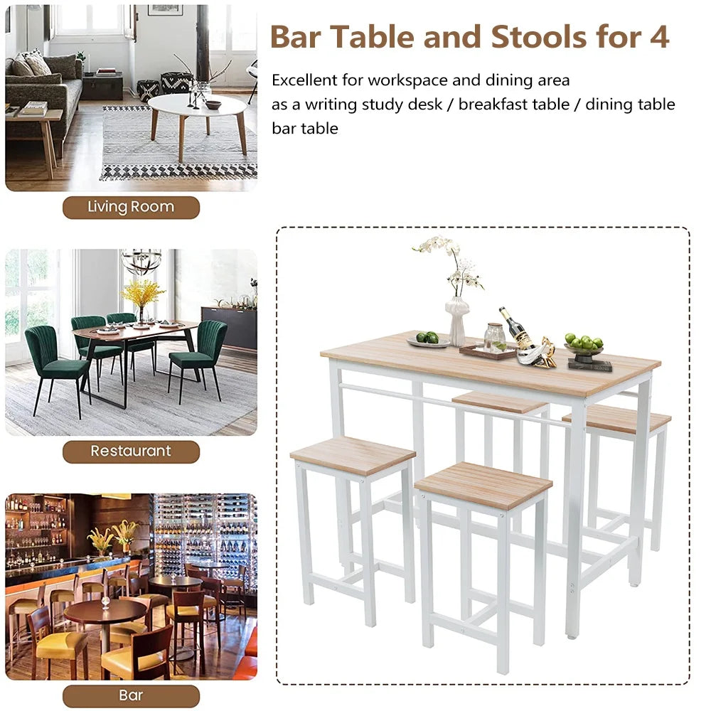 Nouveauté 2026 – Ensemble de table haute 5 places , table de bar et tabourets assortis, table à manger minimaliste avec tabourets sans dossier, ensemble table et chaises de bar avec plateau en bois pour cuisine, appartement ou bistrot - Gain de place