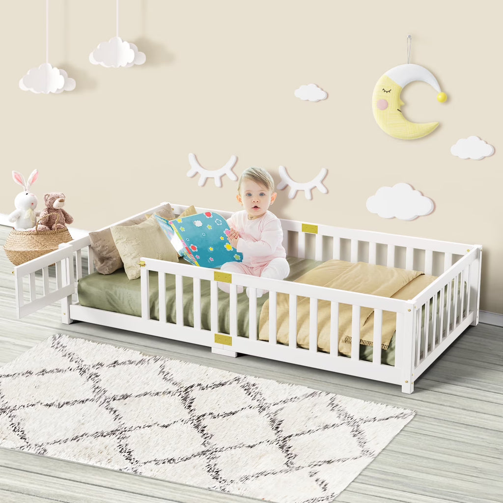 Nouveauté 2026 – Lit de sol Montessori pour tout-petits (taille jumelle), cadre de lit en bois massif avec barrière et porte, pour filles et garçons