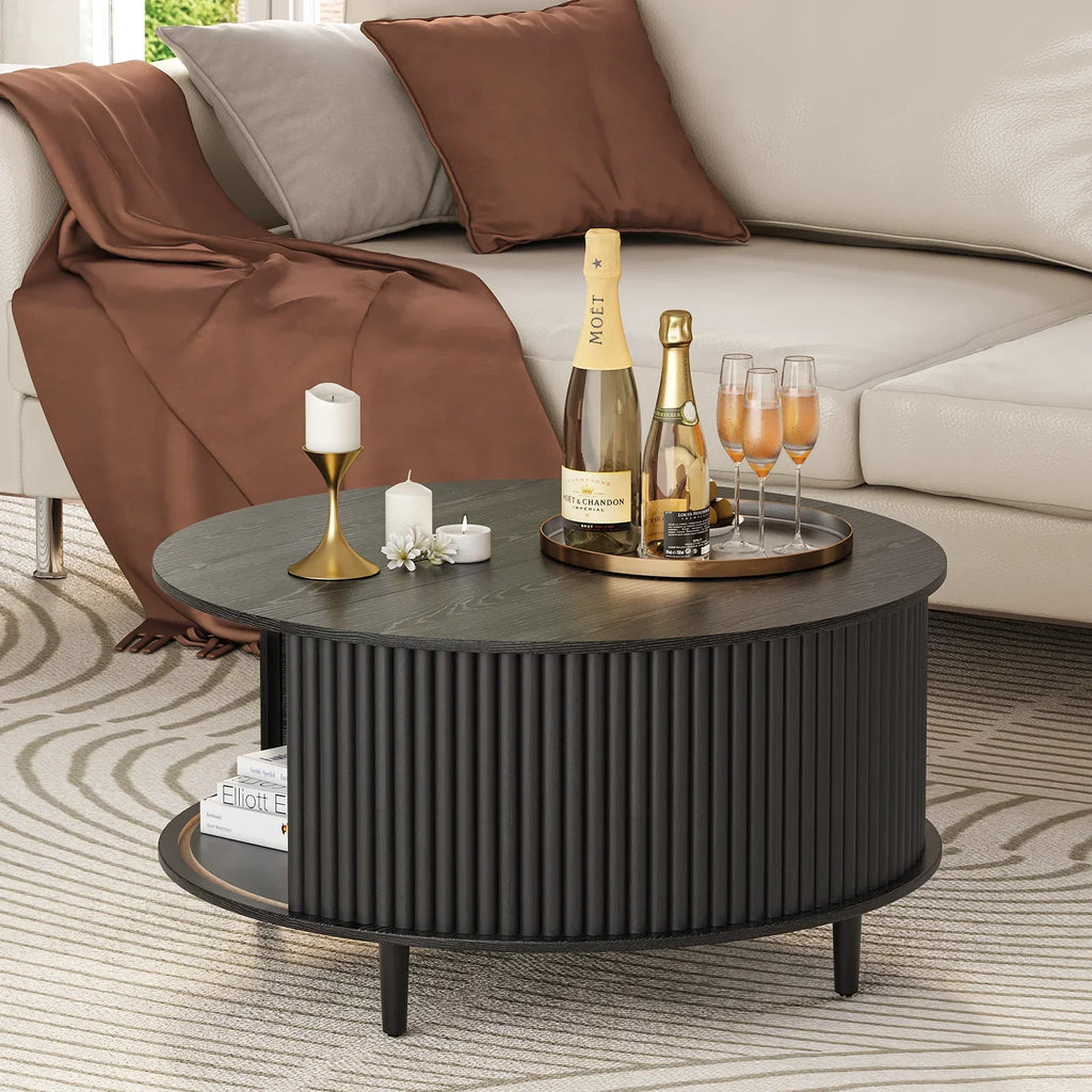 Nouveauté 2026 – Table basse ronde JOINICE avec rangement et porte coulissante, table centrale en bois de style moderne du milieu du siècle, pour salon, noyer