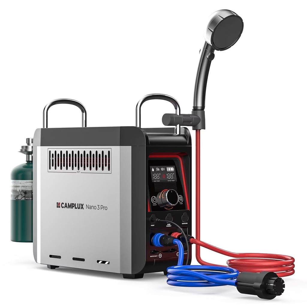 Nouveauté 2026 – Chauffe-eau portable au propane CAMPLUX Nano 3 Pro avec batterie, eau chaude instantanée pour le camping et les activités de plein air