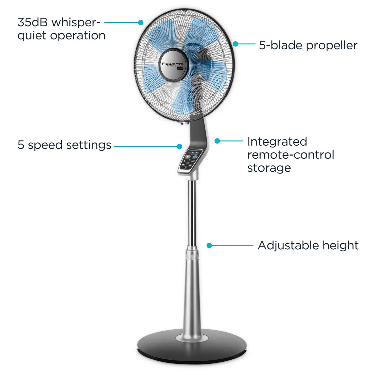 Nouveauté 2026 – Ventilateur sur pied Rowenta Turbo Silence avec télécommande, 53 pouces, portable, 5 vitesses, VU5670
