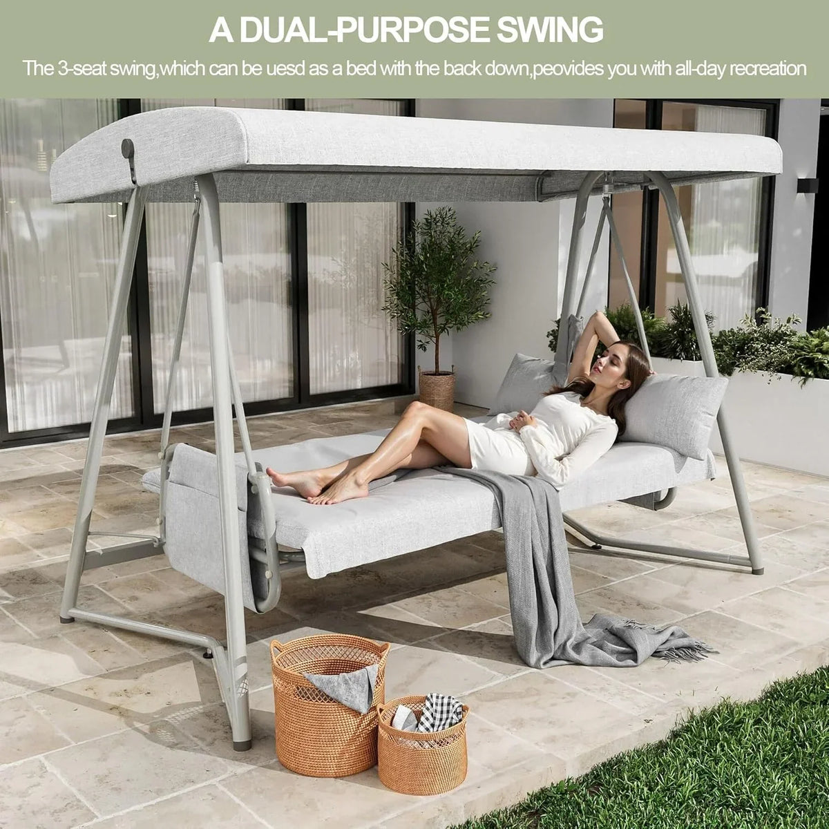 Nouveauté 2026 – Balancelle d'extérieur surdimensionnée 4 places TQKVIPI avec dossier réglable et auvent, convertible en lit suspendu 2 en 1 (capacité de 363 kg), avec coussins amovibles, idéale pour jardin, terrasse, piscine ou balcon
