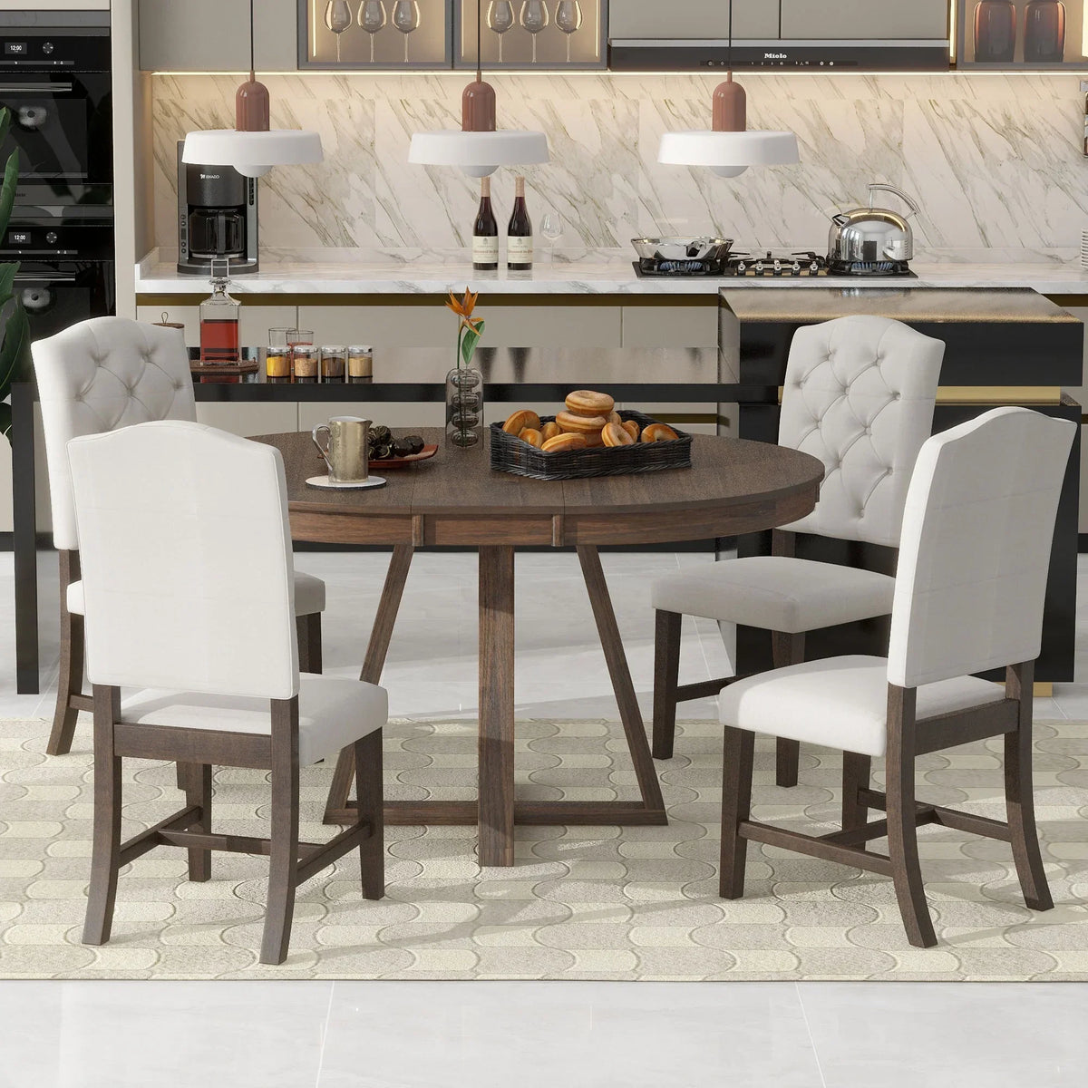 Nouveauté 2026 – Ensemble de salle à manger rond 5 pièces , comprenant une table extensible et 4 chaises rembourrées, en bois, pour 4 personnes. Style campagnard, idéal pour la cuisine, la salle à manger ou un appartement. Couleur : marron
