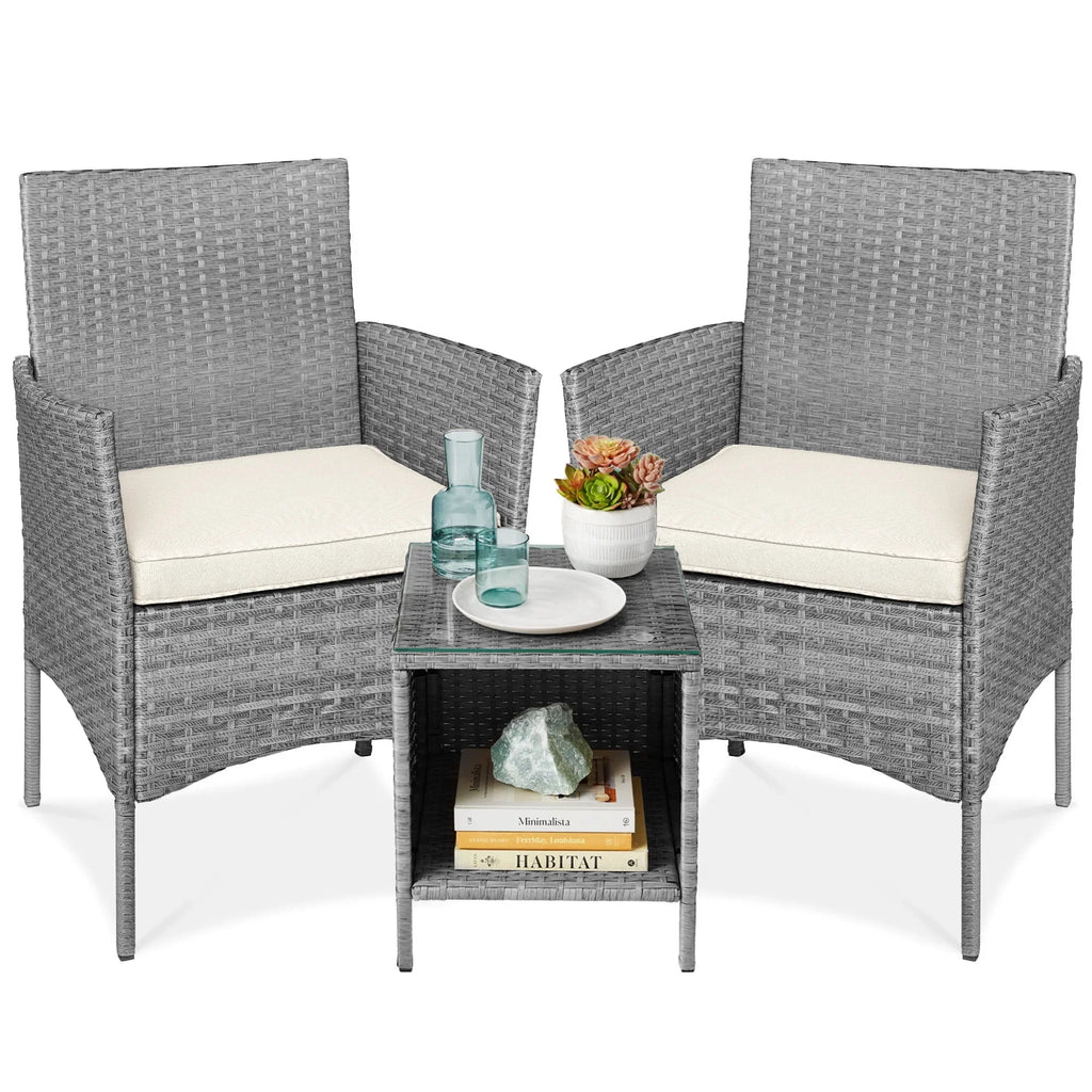 Nouveauté 2026 – Ensemble bistro de jardin 3 pièces en résine tressée Best Choice Products , avec 2 chaises et une table - Gris/Bleu marine