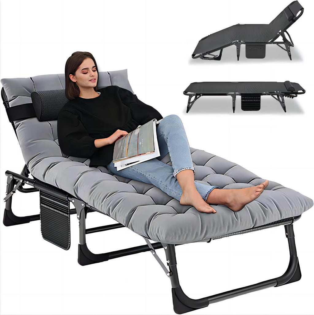 Nouveauté 2026 – Chaise longue MOPHOTO avec matelas, supportant jusqu'à 200 kg, lit de camp portable et robuste, réglable, idéal pour le camping, la piscine, la plage et la terrasse