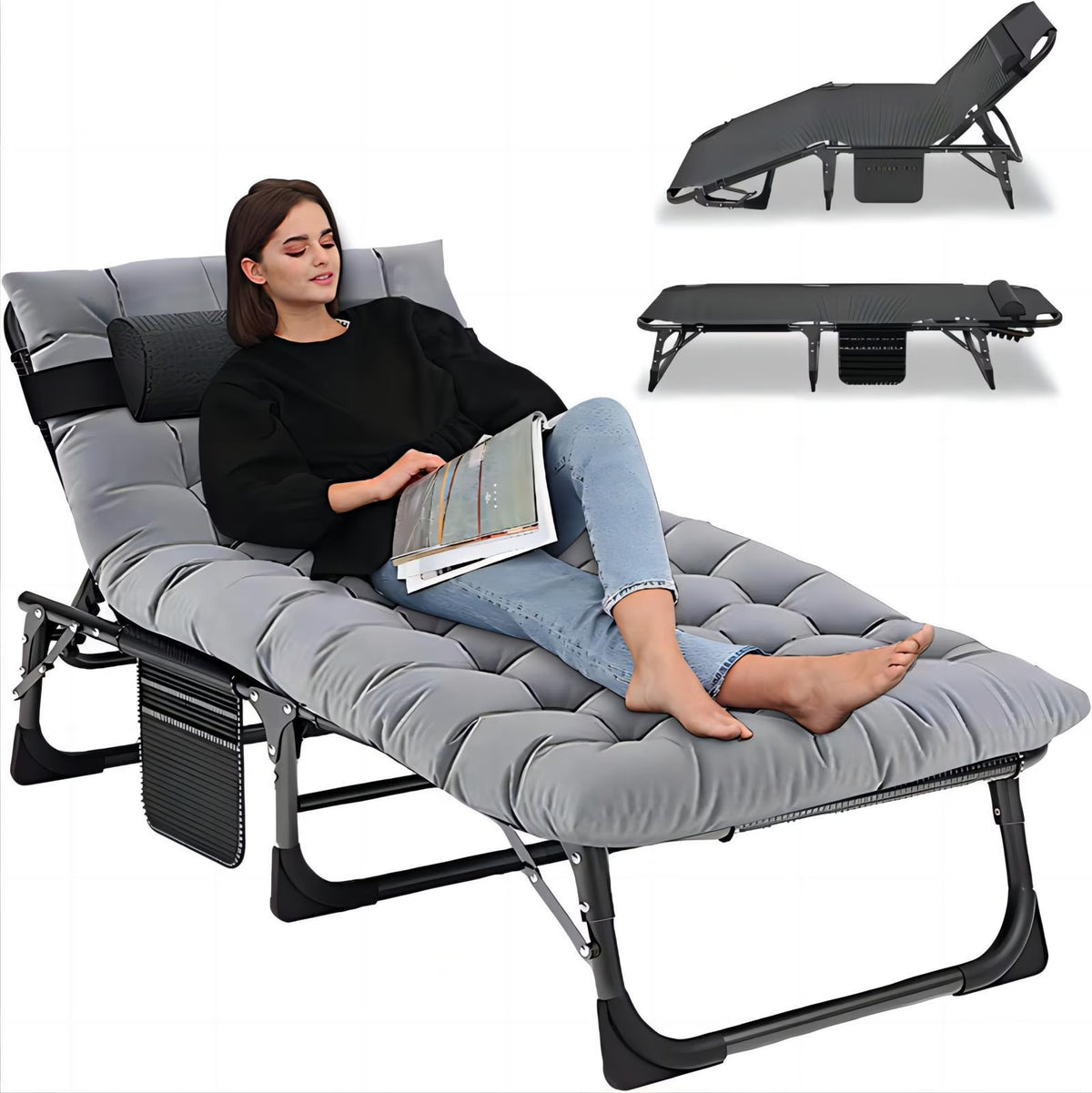 Nouveauté 2026 – Chaise longue MOPHOTO avec matelas, supportant jusqu'à 200 kg, lit de camp portable et robuste, réglable, idéal pour le camping, la piscine, la plage et la terrasse