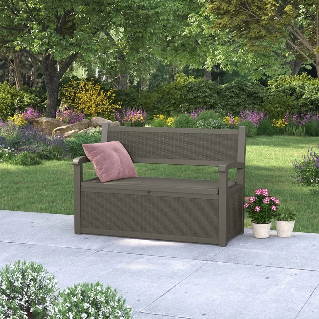 Nouveauté 2026 – Coffre de rangement Bifanuo de 70 gallons avec banc et accoudoirs, résistant à l'eau, idéal pour le mobilier de patio, les outils de jardin, le rangement de piscine et les coussins d'extérieur. Couleur : gris