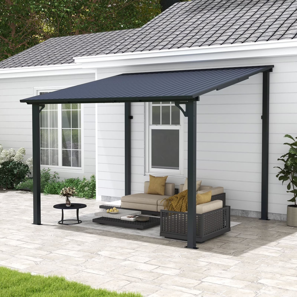 Nouveauté 2026 – Pergola extérieure neuve de 2,44 m x 3,05 m, tonnelle adossée, pergola métallique robuste avec toit rigide, idéale pour patio, jardin, terrasse ou piscine