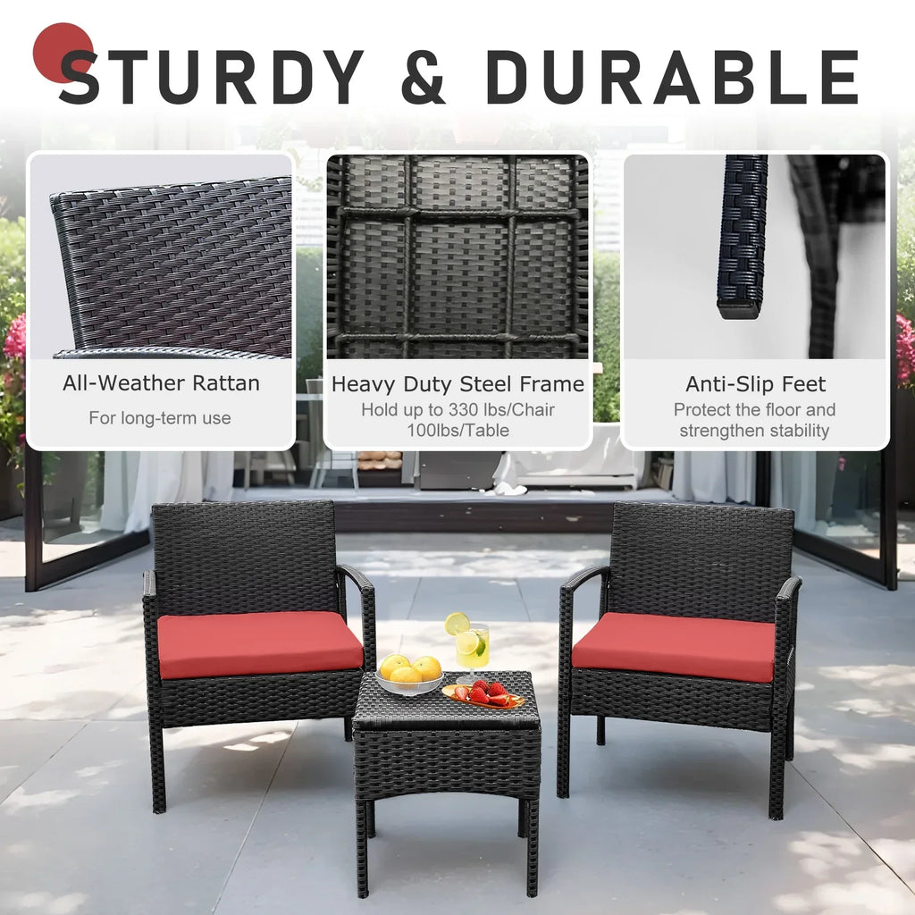 Nouveauté 2026 – Ensemble de mobilier de jardin Tappio , 3 pièces, style bistro, comprenant des chaises de conversation en rotin, une table d'appoint et des coussins. Idéal pour balcon, jardin ou terrasse. Couleur : rouge