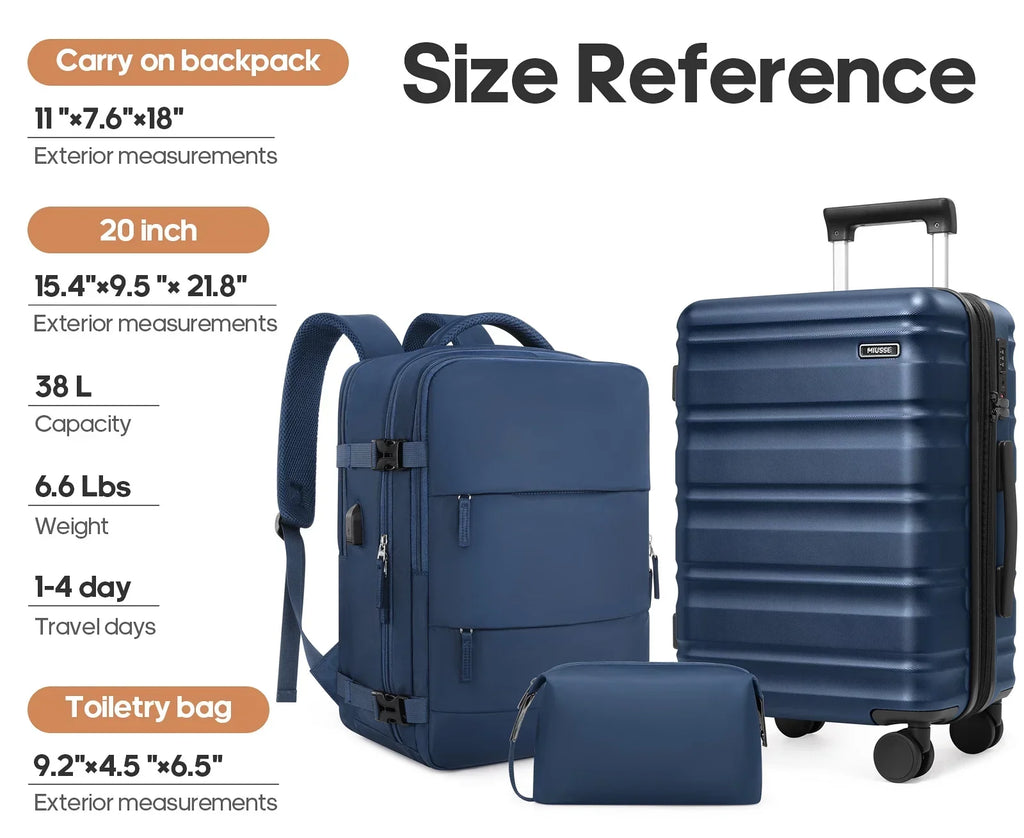 Nouveauté 2026 – Ensemble de bagages MIUSSE , 3 pièces : valise cabine 20 pouces à roulettes, coque rigide 100 % PC avec serrure TSA, conforme aux normes des compagnies aériennes, avec sac à dos de voyage pour hommes et femmes