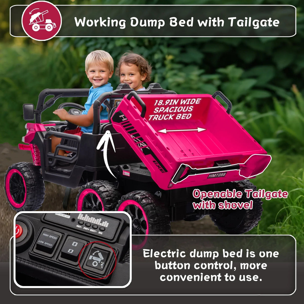 Nouveauté 2026 – Camion électrique Xuanlur 24V 2 places pour enfants , avec moteur 2x200W, benne basculante/pelle, pneus résistants, lumières LED, musique et télécommande, noir