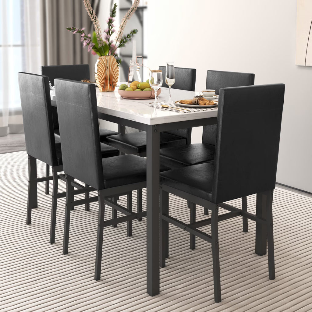 Nouveauté 2026 – Ensemble de salle à manger moderne avec table et 6 chaises rembourrées à dossier haut, idéal pour 6 personnes, petit espace cuisine, coin repas ou bar, B1470