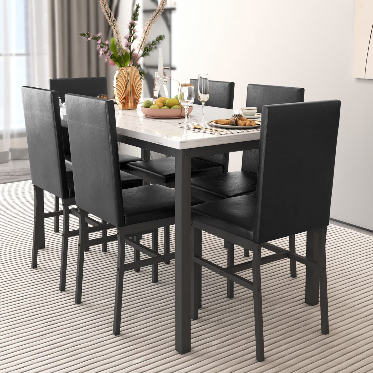 Nouveauté 2026 – Ensemble de salle à manger moderne avec table et 6 chaises rembourrées à dossier haut, idéal pour 6 personnes, petit espace cuisine, coin repas ou bar, B1470