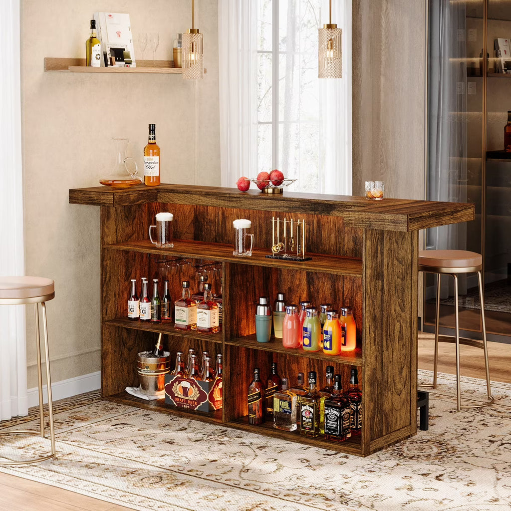 Nouveauté 2026 – Table de bar à 4 niveaux Tribesigns , grand meuble bar de 180 cm avec porte-verres à vin et repose-pieds noir, pour cuisine, salle à manger, salon, pub, marron rustique