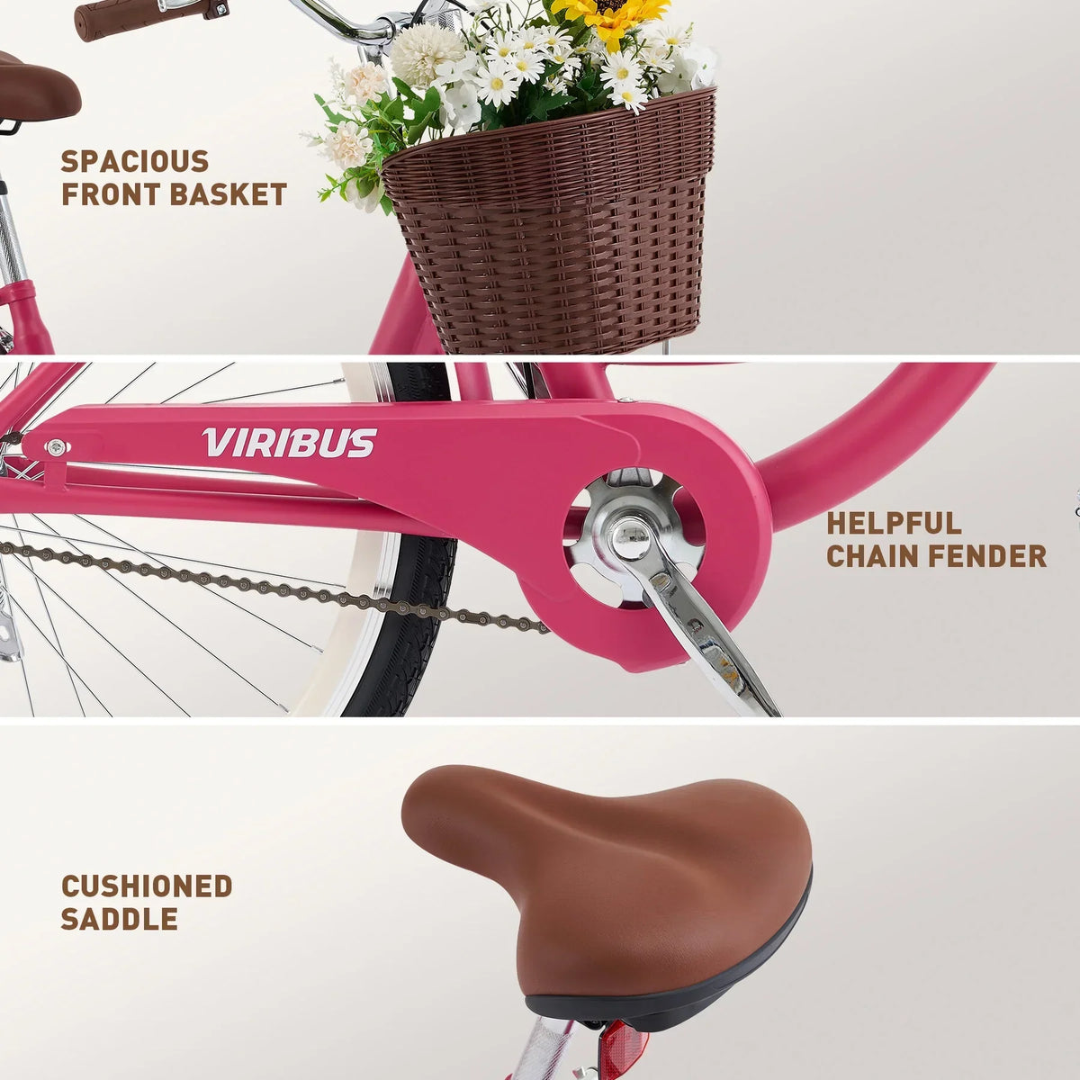 Nouveauté 2026 – Vélo confort femme Viribus , 24 pouces, style cruiser plage et ville, avec panier, blanc