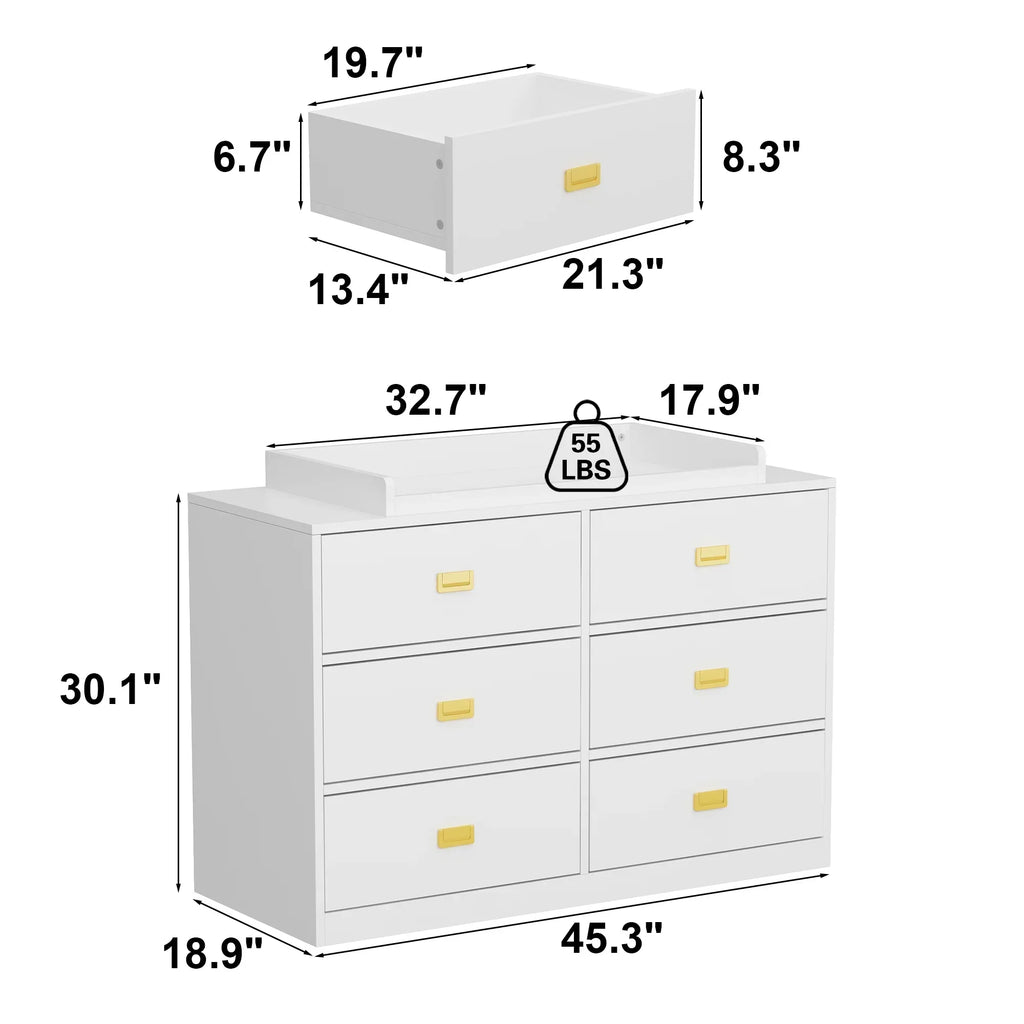 Nouveauté 2026 – Table à langer/commode pour chambre de bébé OXYLIFE , 114 cm (45 po), avec 4 tiroirs et une étagère, blanche