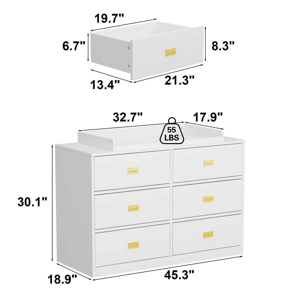 Nouveauté 2026 – Table à langer/commode pour chambre de bébé OXYLIFE , 114 cm (45 po), avec 4 tiroirs et une étagère, blanche