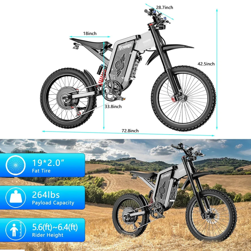 Nouveauté 2026 – Vélo tout-terrain électrique Freego X2 Pro , vitesse maximale de 80 km/h, moteur de 6000 W (crête), batterie 60 V 30 Ah, pneus 19 x 2, suspension intégrale, freins hydrauliques, accélérateur à mi-course, homologué UL2849