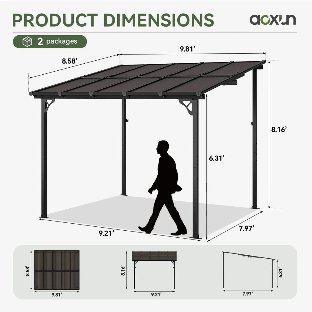 Nouveauté 2026 – Gazebo Aoxun de 2,4 m x 1,5 m pour patio, pergola avec toit incliné, grand auvent mural robuste pour barbecue, idéal pour jardin, terrasse ou patio