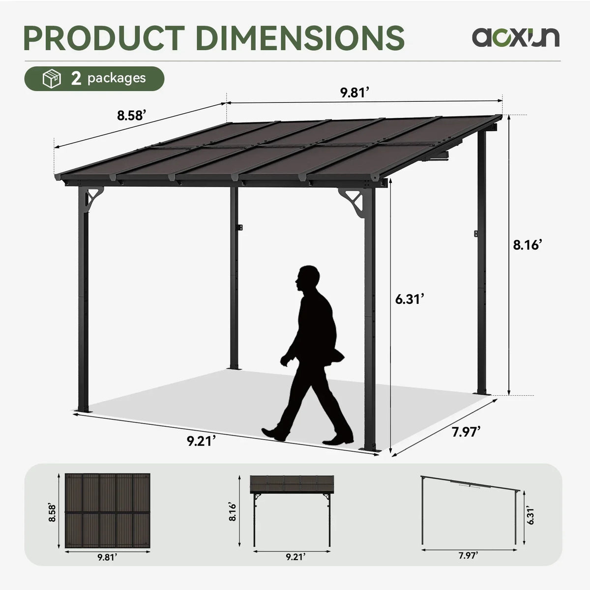 Nouveauté 2026 – Gazebo Aoxun de 2,4 m x 1,5 m pour patio, pergola avec toit incliné, grand auvent mural robuste pour barbecue, idéal pour jardin, terrasse ou patio