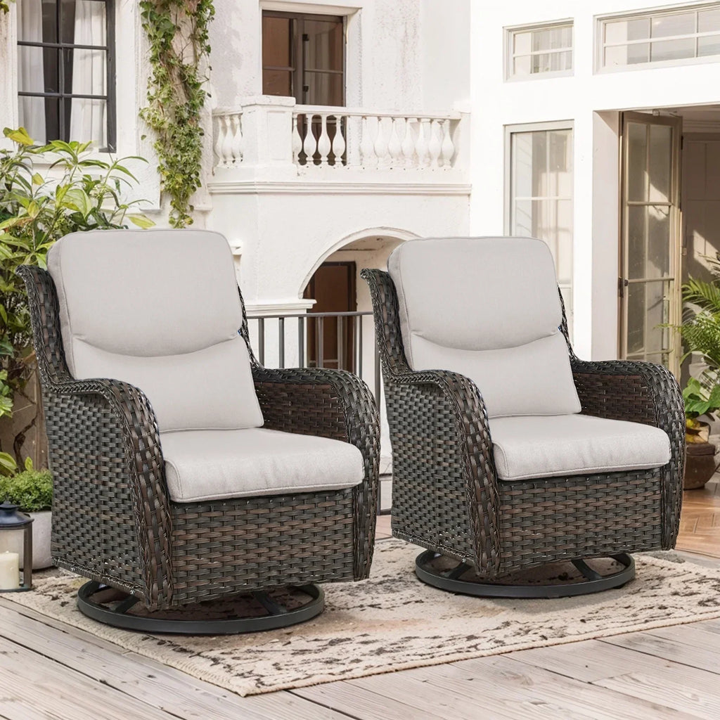 Nouveauté 2026 – POCASSY Fauteuils pivotants de patio, fauteuils à bascule pivotants d'extérieur en osier avec dossier haut et coussins épais pour véranda ou terrasse - Lot de 2, beige