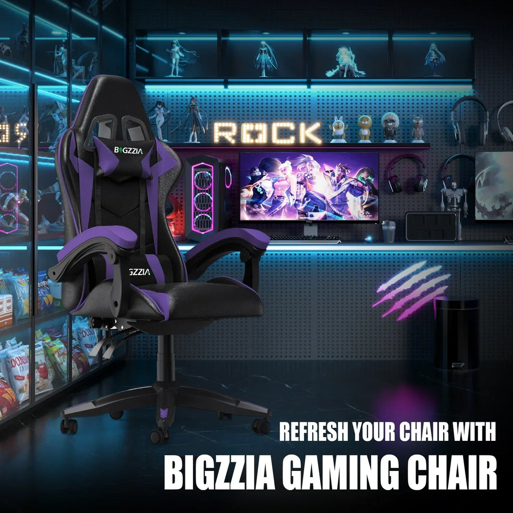 Nouveauté 2026 – Chaise de jeu Bigzzia , chaise de bureau ergonomique avec appui-tête et soutien lombaire réglables en hauteur, pour adultes et adolescents, noir et blanc